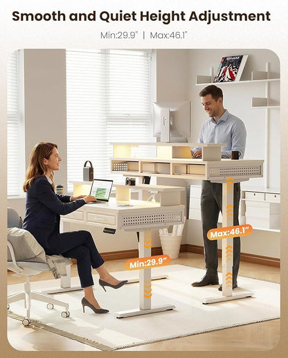 OffiGo Electric Standing Desk with 3 Wooden Drawers, 48 Inch Height Adjustable Desk with Power Outlets & LED Lights, White Sit Stand Table with Monitor Stand for Home, Office, Workstation