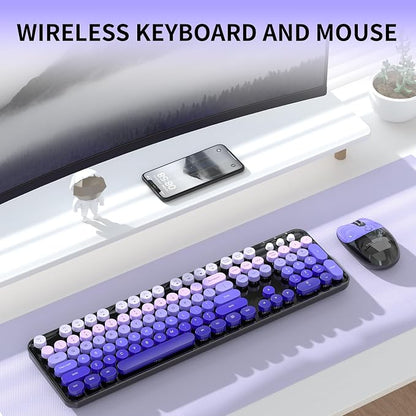 Wireless Keyboard and Mouse, 104 Round Keycaps Retro Typewriter with OTG & Brush, Full-Size Ergonomic, Ideal for Windows PC, Home, Office and College Purple Pink