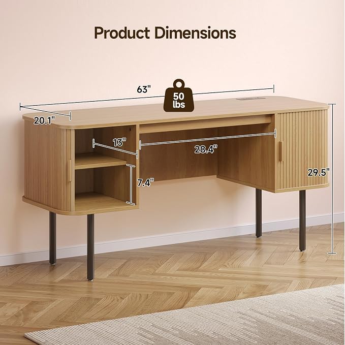 ONBRILL 63 Inch Fluted Computer Desk with Charging Station, Mid Century Executive Desk with 2 Storage Cabinets, Modern Home Office Large Desk with Metal Legs for Working, Studying, Writing, Oak