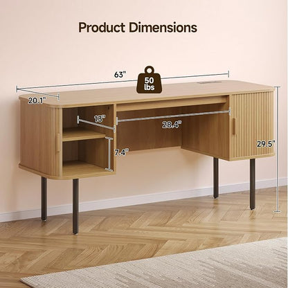 ONBRILL 63 Inch Fluted Computer Desk with Charging Station, Mid Century Executive Desk with 2 Storage Cabinets, Modern Home Office Large Desk with Metal Legs for Working, Studying, Writing, Oak