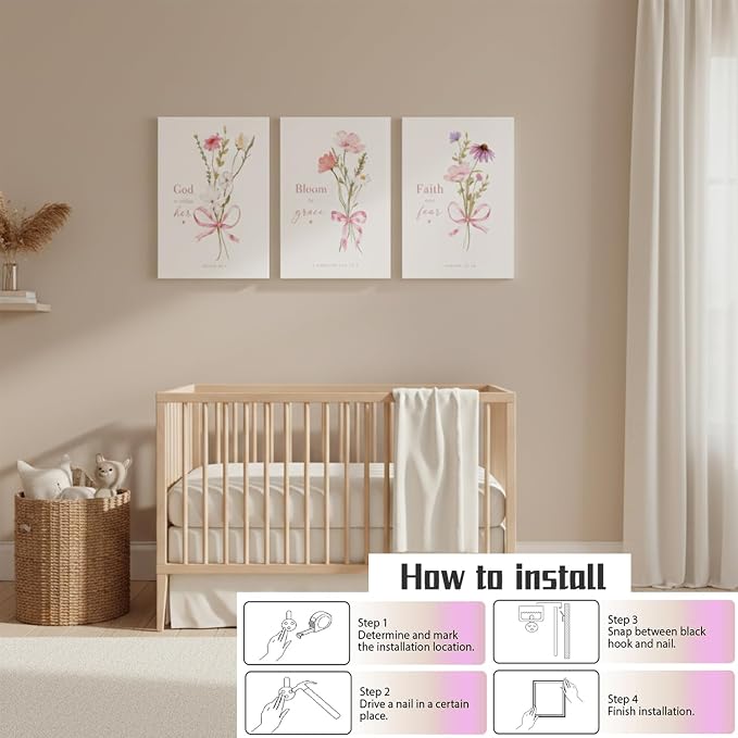 Baby Girl Nursery Wall Art Set of 3 Pink Bow Floral Canvas Prints, Christian Bible Verse Nursery Decor, Cute Flower Posters Pictures with Scripture for Girls Room Bedroom Framed 12x16 Inch