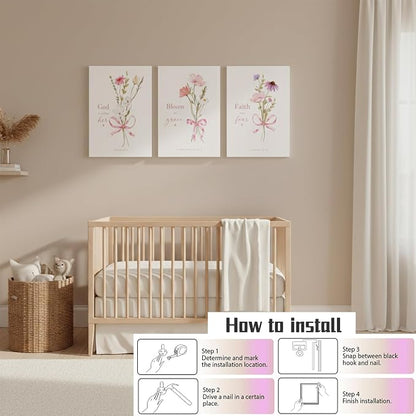 Baby Girl Nursery Wall Art Set of 3 Pink Bow Floral Canvas Prints, Christian Bible Verse Nursery Decor, Cute Flower Posters Pictures with Scripture for Girls Room Bedroom Framed 12x16 Inch