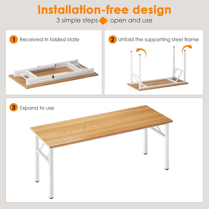 Need Folding Computer Desk, Large 62 inches Folding Table for Home Office, No Install Needed Foldable Writing Table Long Desk, Space-Saving, Teak White