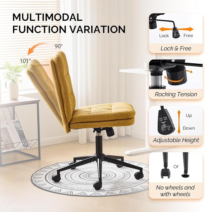 VINGLI Mid Back Armless Office Desk Chair with Wheels/no Wheels,360°Rocking Swivel Vanity Chair with Thickened Cushion,Adjustable Height Rolling for Reading Room, Make up, Linen Ginger Yellow