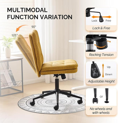 VINGLI Mid Back Armless Office Desk Chair with Wheels/no Wheels,360°Rocking Swivel Vanity Chair with Thickened Cushion,Adjustable Height Rolling for Reading Room, Make up, Linen Ginger Yellow