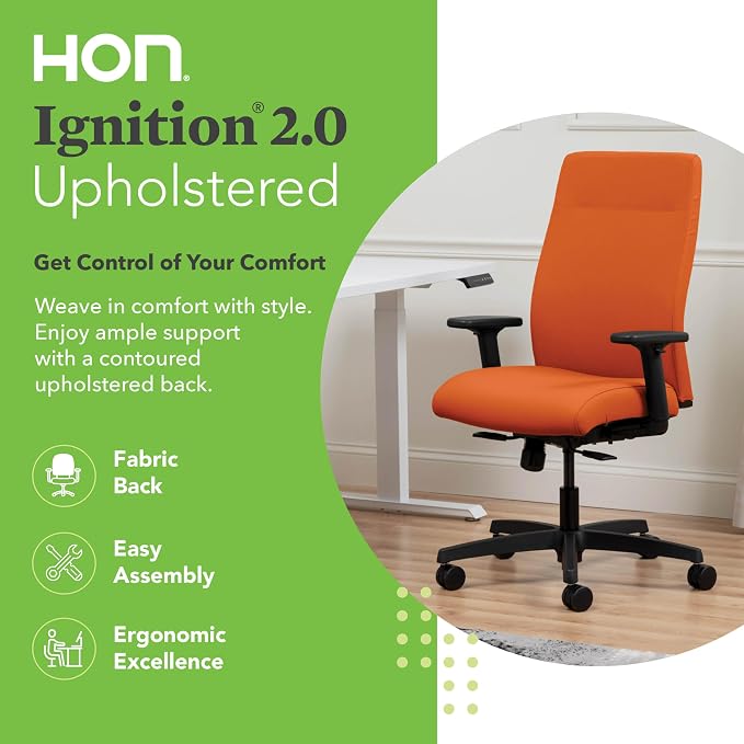 HON Ignition 2.0 Ergonomic Office Chair with Adjustable Arms, Standard Synchro‑Tilt Recline, Upholstered Desk and Computer Chair for Home Office or Workstation, Black Frame, Apricot