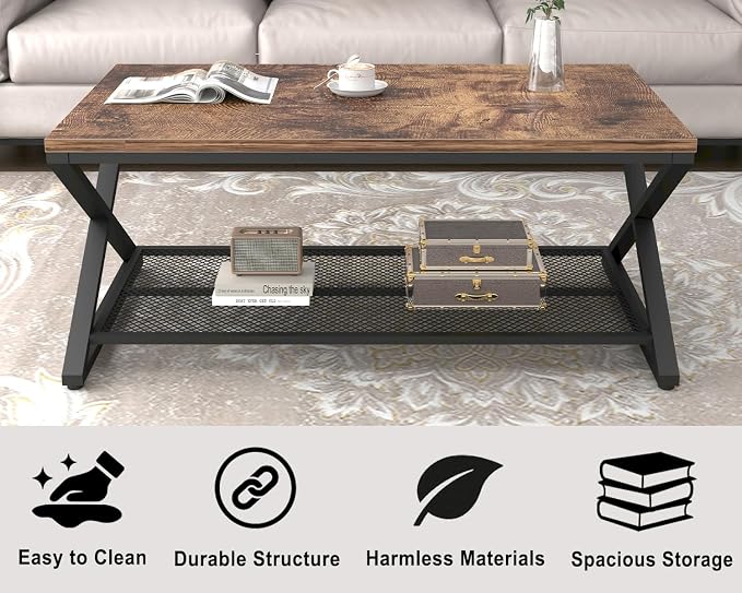 LVB Rustic Coffee Table, Industrial Metal Wood 2 Tier Cocktail Tea Table with Storage for Living Room, Farmhouse Wooden Rectangle Center Table with Mesh Shelf for Office Bedroom, 39 inch, Rustic Brown