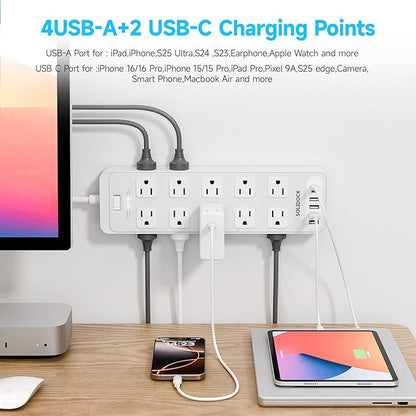 Power Strip Surge Protector Flat Plug with 20 AC Outlets 6 USB Chagring Ports, 1875W/15A, 2700J, 10 Ft Heavy Duty Extension Cord for Home, Office, Dorm, Gaming,ETL Listed (White, 10FT)