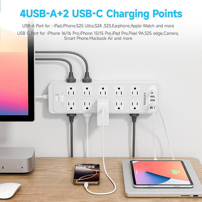 20 Outlet Power Strip with USB C,6Ft Extension Cord with Multiple Outlets, 2700 Joules Surge Protector,1875W/15A, ETL Listed for Home Office Dorm Gaming (White, 6FT)