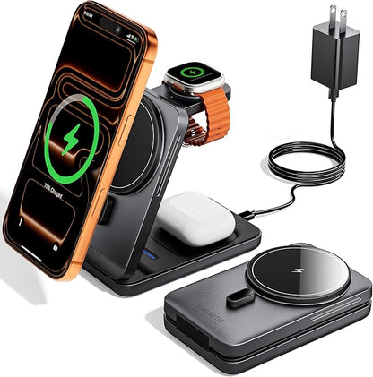 KPON Foldable 3in1 Charging Station for Magsafe, Travel Phone and Watch Charger for Apple, PD20W Wireless Charging Dock for Multiple Devices iPhone 17 16 15 14 13 12 Series/Apple Watch/Airpods