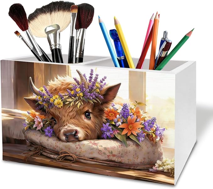 Spring Floral Highland Cow Pen Holder for Desk, Highland Cow Lovers Gifts Wooden Box Sign Desk Decor for Home Office Decoration, Cottagecore Wildflower Heifer Pencil Organizer