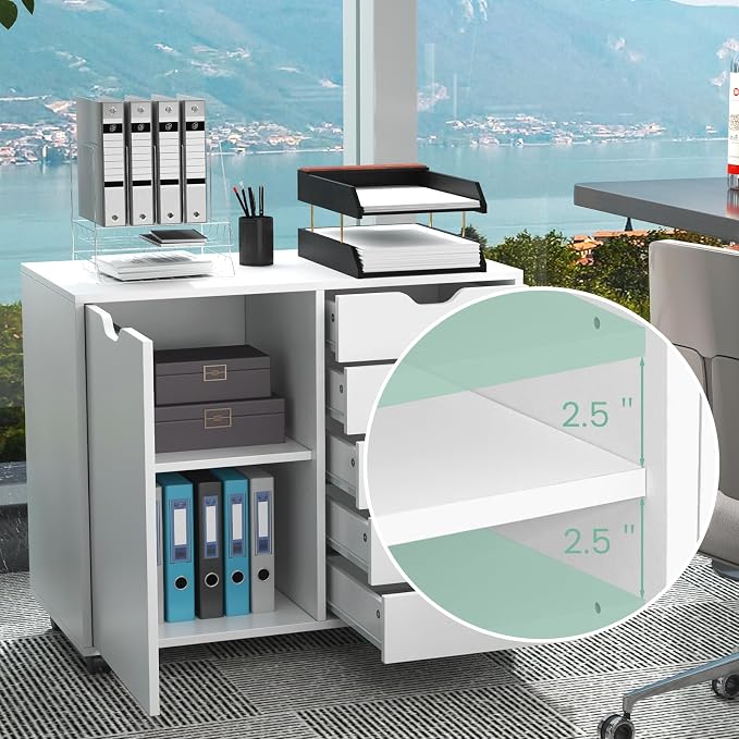 Lateral File Cabinet, 5 Drawers Chest & 1 Side Cabinet, Rolling Storage Cabinet for Home Office, Versatile Filing Cabinet with Wheels, Mobile Printer Stand, Dresser for Bedroom, White