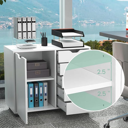 Lateral File Cabinet, 5 Drawers Chest & 1 Side Cabinet, Rolling Storage Cabinet for Home Office, Versatile Filing Cabinet with Wheels, Mobile Printer Stand, Dresser for Bedroom, White