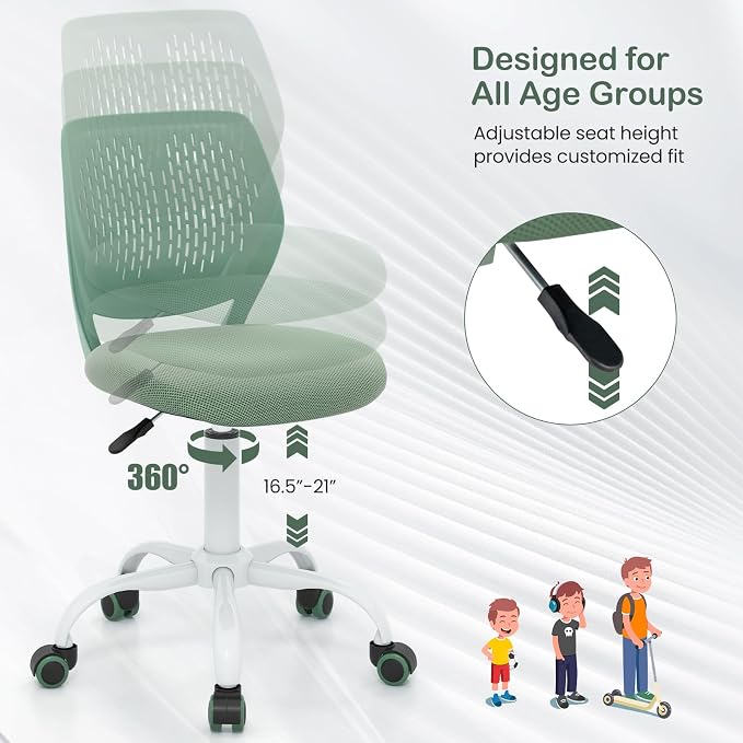 Giantex Kids Desk Chair, Adjustable Children Study Chair, Swivel Armless Mesh Task Office Chair, Computer Desk Chair with Adjustable Height & Lumbar Support (Sage)