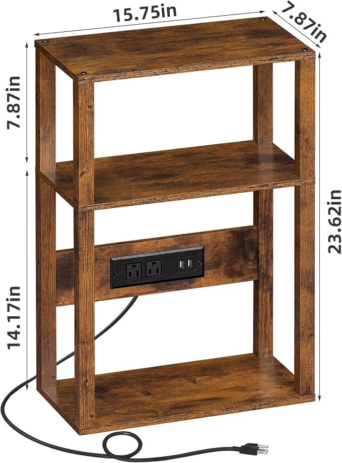 YUFAM 3-Tier Small Narrow Wood Side Table Set of 2 with Charging Station - Skinny Nightstand for Small Spaces, Slim Bedside Table with USB Ports and Outlets - Thin End Table with Storage, Brown