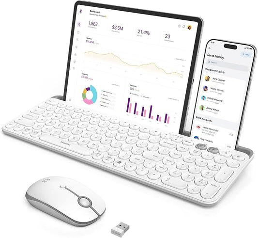 seenda Bluetooth Keyboard and Mouse for iPad, CTU-301 Wireless Multi-Device Connection Bluetooth+2.4G Keyboard Mouse Combo with Tablet Holder for iPad/MacBook/Windows, iOS/Android/Phone, White
