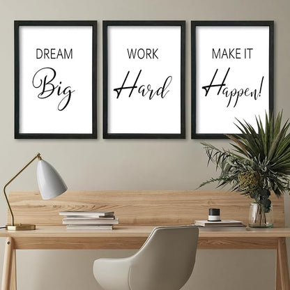 Motivational Wall Art for Office Decor 16x24–Wood Frame Set of 3, Dream Big | Work Hard Make It Happen Sign，Home Office，Black Frame
