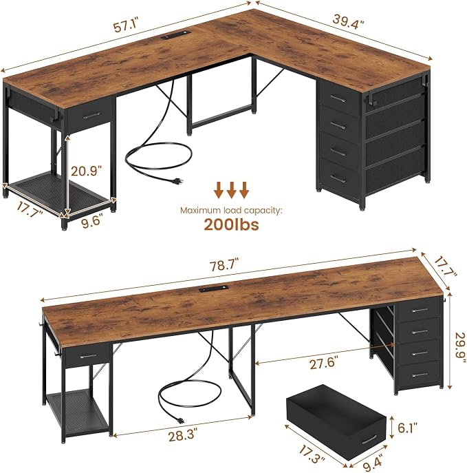 57" L Shaped Desk with 5 Drawers, Reversible Computer Corner Desk with Storage & Power Strip for Home Office, 78.7" Long 2 Person Desk, Rustic Brown