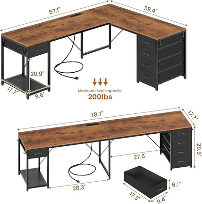 57" L Shaped Desk with 5 Drawers, Reversible Computer Corner Desk with Storage & Power Strip for Home Office, 78.7" Long 2 Person Desk, Rustic Brown