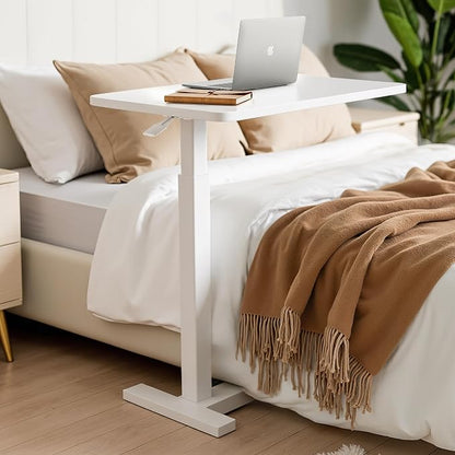 Simple Deluxe Overbed Bedside Table with Hidden Casters, Adjustable Hospital & Home Use Bed Table, Rolling Laptop Table, Movable Standing Desk, White
