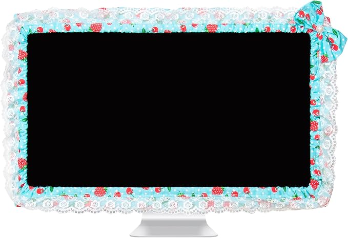 24-inch Cute Lace Fabric Monitor Cover with Elastic Pen Pocket & Bow-knot Design, Dust Protector for Computer/TV/LCD Screens - Blue