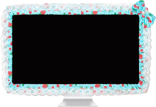 24-inch Cute Lace Fabric Monitor Cover with Elastic Pen Pocket & Bow-knot Design, Dust Protector for Computer/TV/LCD Screens - Blue