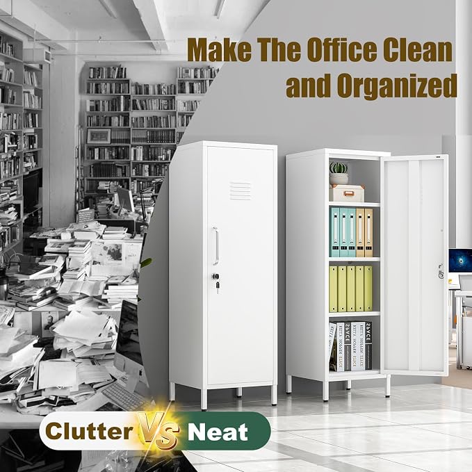 Metal Locker Cabinet, 47"H Home Office Storage Lockers, Vertical Steel Storage Cabinet with Locking Door and 3 Adjustable Shelves, Garage Tool File Cabinets for Home Office,Garage,Bathroom, White