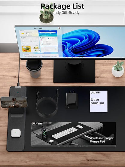 Wireless Charging Mouse Pad with Magnetic Phone Stand, 31.5"x15.8" Large | Waterproof Mousepad Desk Mat, Smooth Glide, Stitched Edge, Non-Slip Rubber Base, Computer Keyboard Mat, with Adapter