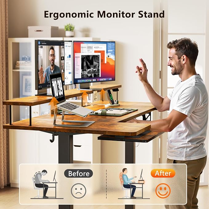 OffiGo U Shaped Electric Standing Desk with Keyboard Tray, 55 Inch Height Adjustable Desk with Power Outlets & LED Lights, Sit Stand Table with Monitor Stand for Home, Office, Rustic Brown