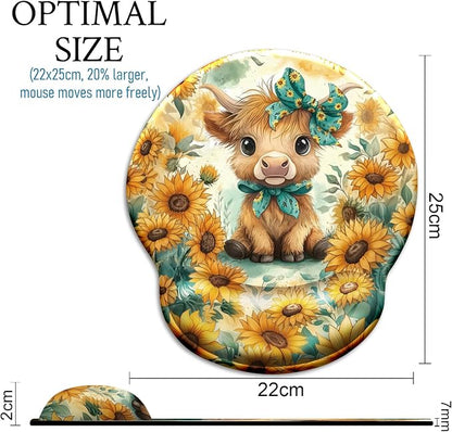 Mouse Pad with Wrist Rest, Highland Cow Sunflower Ergonomic Mousepad Wrist Support for Desk, Cute Bow Animial Gaming Mouse Pads for Wireless Mouse Computer Work Home Desk Accessories Office Supplies