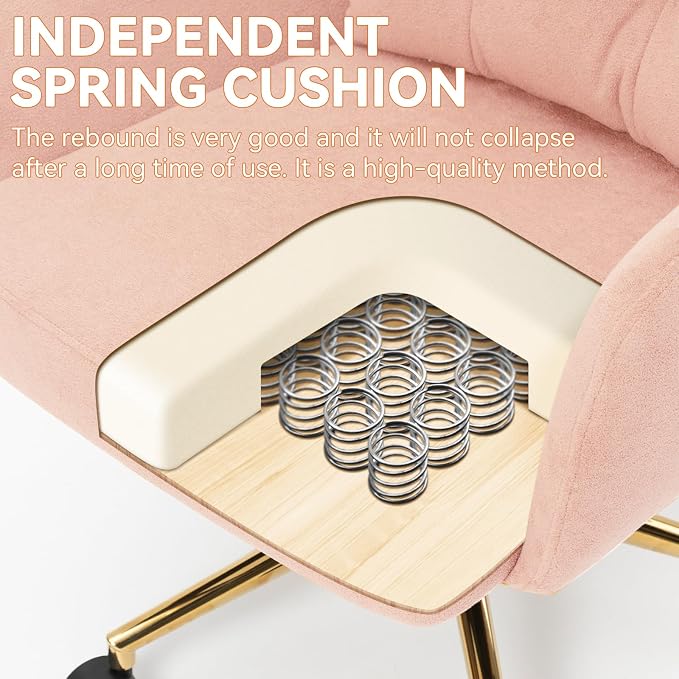 Flannel Office Chair, Comfy Home Office Desk Chairs with Lumbar Support, Modern Velvet Desk Chair Gold Legs Small Swivel Task Chair for Home Office, Bedroom, Study (Pink, L)