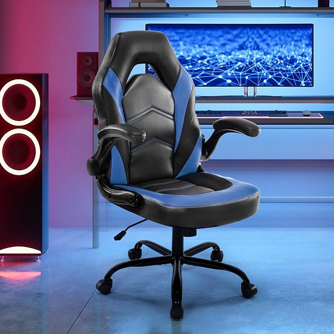 Sweetcrispy Computer Video Game Chair - Ergonomic Home Office with Comfy Lumbar Support, PU Leather Height Adjustable with Flip-up Armrest and 360° Swivel Wheels, Blue, for Adults, Teens