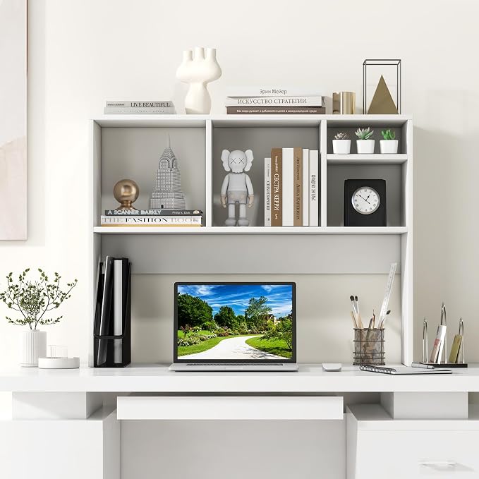 GOFLAME 4 Cubes Desktop Bookshelf, 37” Tabletop Wood Desk Shelf for Computer Monitor, Modern Countertop Desk Display Hutch Storage Organizer Shelf for Home Office, Dorm, Study, White