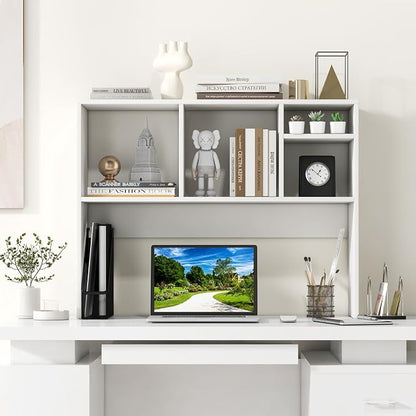 GOFLAME 4 Cubes Desktop Bookshelf, 37” Tabletop Wood Desk Shelf for Computer Monitor, Modern Countertop Desk Display Hutch Storage Organizer Shelf for Home Office, Dorm, Study, White