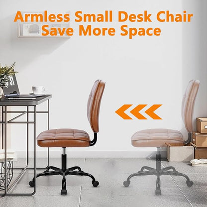 CLATINA Armless Home Office Chair with Lumbar Support and Wheels, Small PU Leather Ergonomic Low Back Desk Chairs No Arms, Adjustable Height 360° Swivel Rolling Computer Task Chair, Brown, 4 Pack