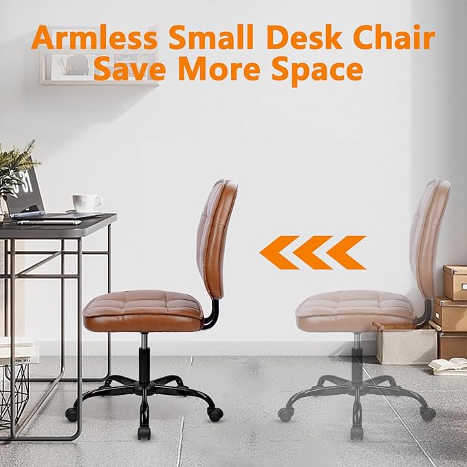 CLATINA Home Office Chair No Arms with Wheels, Armless Small Leather Ergonomic Low Back Desk Chairs Adjustable Height 360° Swivel Rolling Computer Task Chair for Work Conference Room, Brown, 2 Pack
