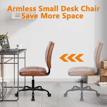 CLATINA Home Office Chair No Arms with Wheels, Armless Small Leather Ergonomic Low Back Desk Chairs Adjustable Height 360° Swivel Rolling Computer Task Chair for Work Conference Room, Brown, 2 Pack