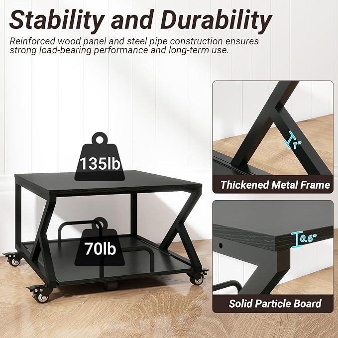 Natwind 2 Tier Printer Stand,23.6''x23.6'',with Pull Out Shelf,Black | Easy Reach for Lower Shelf Items,Rolling Printer Cart with Wheels,Fits Under Desk,Supports 205lbs,for Home Office Kitchen