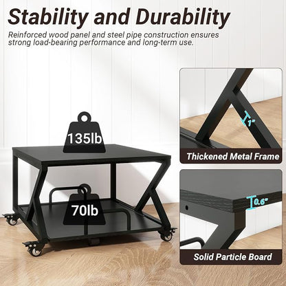 Natwind 2 Tier Printer Stand,23.6''x23.6'',with Pull Out Shelf,Black | Easy Reach for Lower Shelf Items,Rolling Printer Cart with Wheels,Fits Under Desk,Supports 205lbs,for Home Office Kitchen