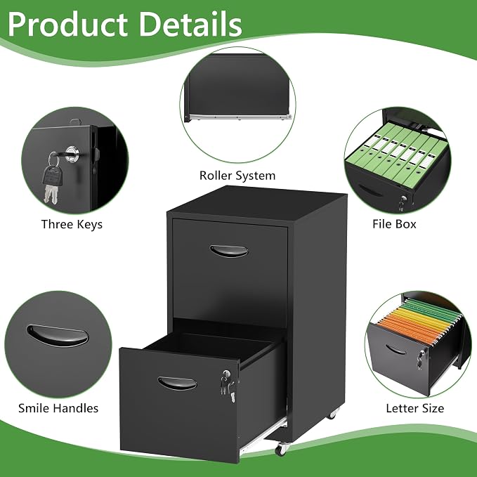 2 Drawer Rolling File Cabinet with Lock,Filing Cabinets for Home Office,Two Drawer File Cabinet, Mobile Under Desk File Cabinets, Printer Stand with Wheels Fit Letter/A4,Assembly Required