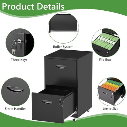 2 Drawer Rolling File Cabinet with Lock,Filing Cabinets for Home Office,Two Drawer File Cabinet, Mobile Under Desk File Cabinets, Printer Stand with Wheels Fit Letter/A4,Assembly Required