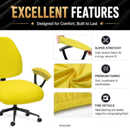 Stretchable Split Office Chair Seat Covers - Universal Stretch Computer Chair Slipcover - Washable Rotating Backrest Coverings & Cushion Protectors & Armrest Covers for Dogs, Cats, Pets, Yellow