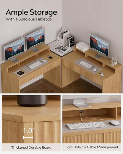 EYYTHUNG 47" Fluted Office Desk with Storage Shelf, Modern Wood Executive Desk with Long Monitor Stand & 2 Drawers, Home Writing Study Computer Table Vanity Desk, Natural Oak