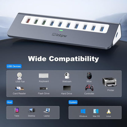 Powered USB Hub 10Gbps, 10 Port USB 3.2 Gen 2 Hub with 7 USB 3.2 Data Ports, 3 Fast Charging Ports, 36W Power Adapter, Type A and Type C Cable, Aluminum USB Hub for Laptop, Mac, PC