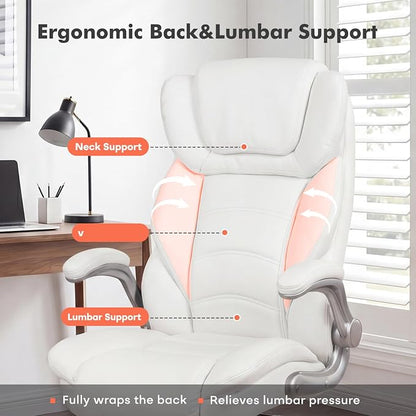 GYI Big and Tall 400lb Office Chair, Leather Executive Desk Chair, White | 24"Wide Seat, High Back, Space-Saving Flip-up Arms, Lumbar Support, Heavy Duty Base, Home, Conference Room