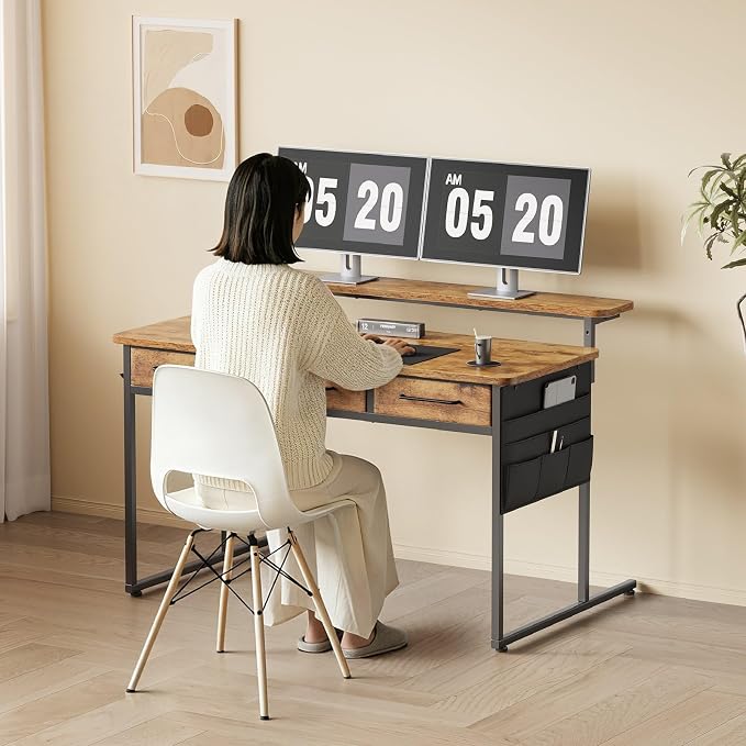 Maihail Computer Desk with Drawers, 47.2X15.8-22.9 Inches Office Computer Desk with Side Pocket & Ergonomic Monitor Stand, Writing Table for Small Spaces, Bedroom, Rustic Brown