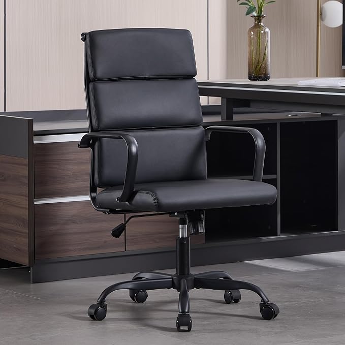 Office Chair, Ergonomic Executive Conference Room Chairs, Ribbed Leather Desk Chair with Lumbar Support, Adjustable Height Mid-Back Swivel Chair with Padded Seat