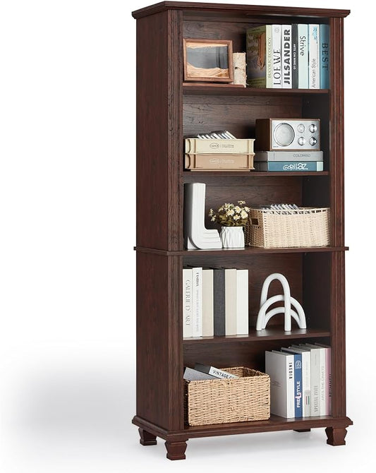 SAVOR LIFE 70" Tall Walnut Bookshelf,5 Tier Wooden Book Shelf with Adjustable Shelves & Wood Legs,Free Standing Farmhouse Bookcase with Open Display Storage,Vintage Bookshelves for Classroom, Office