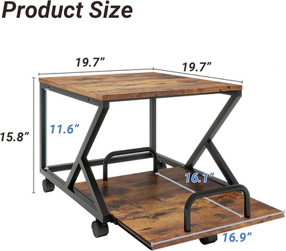 Natwind 2 Tier Printer Stand,19.7''x19.7'',with Pull Out Shelf,Retro | Easy Reach for Lower Shelf Items,Rolling Printer Cart with Wheels, Fits Under Desk,Supports 180lbs,for Home Office Kitchen