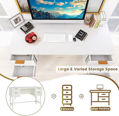 Tangkula White Desk with 4 Drawers, 48 Inch Home Office Desk with Storage, Modern Computer Desk Study Writing Desk with Metal Frame for Bedroom, Study, Office